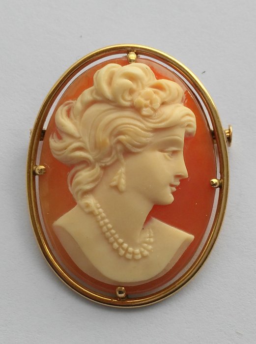 Antique brooch - Agate cameo - 18 kt gold frame - Can be used as a pendant (with ring)