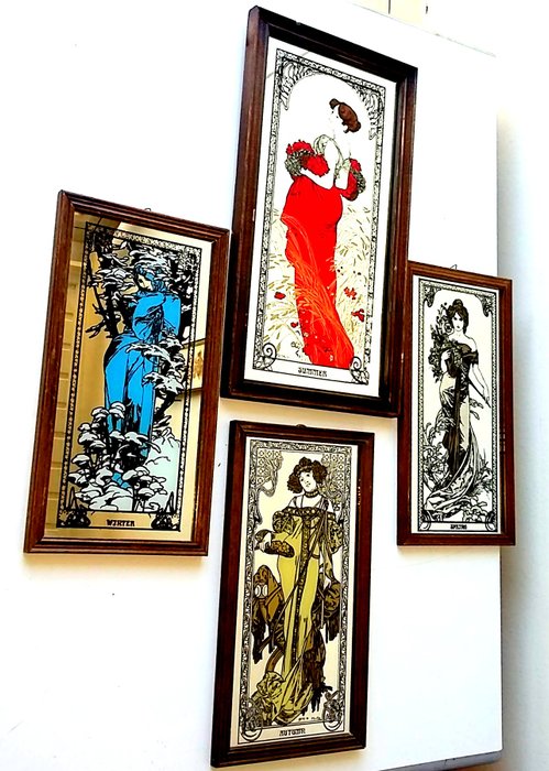 A. Mucha -  "Les quatre saisons" - Impressions sur miroir Art Nouveau en couleur - hommage signé.