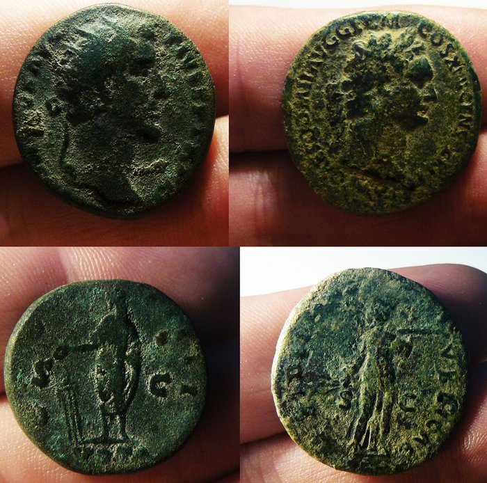 Empire romain - Lot de 2 pièces romaines. Bronze Antonin le Pieux Æ Dupondius. Rome, 155-165 après JC +  As de bronze de Dominitien 81-96 avant JC  