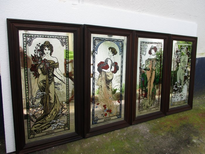 Espejo vintage raro Alphonse Mucha pintado enmarcado alegórico 4 estaciones representando 4 mujeres como  Primavera Verano Otoño e Invierno