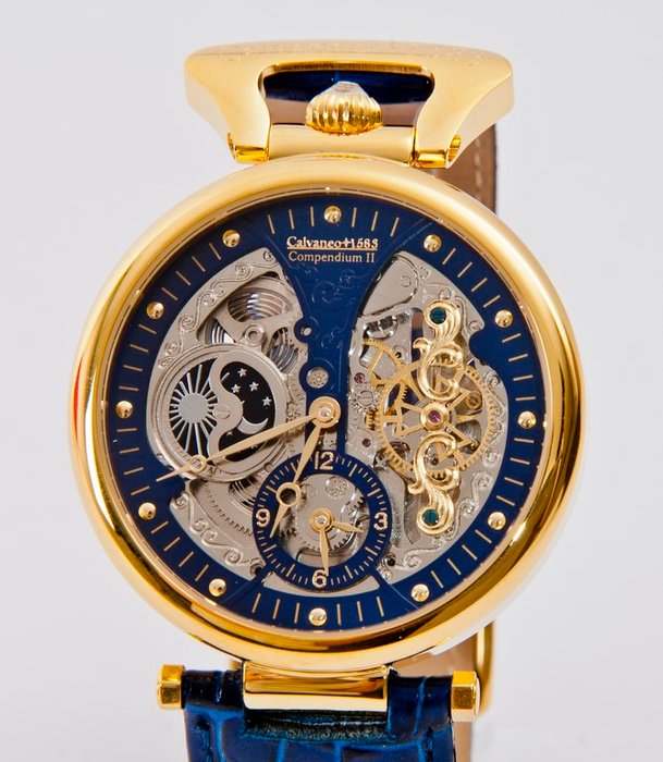Reloj para hombre Calvaneo 1583 Compendium II dorado y azul, nuevo