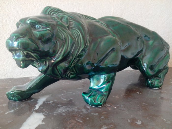 St Clément, unsigned - large green ceramic lion