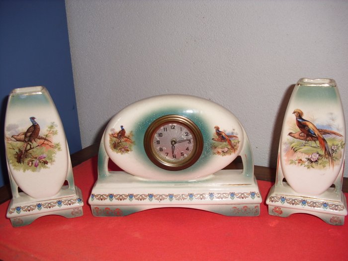 Art Nouveau Small Clock Set Mw Porcelain With Bird Decorations