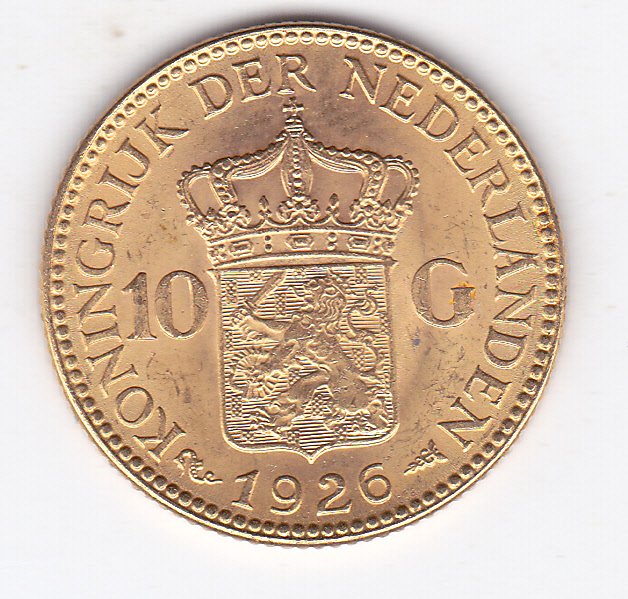 荷兰 – 10基尔德，1926年，Wilhelmina威廉敏娜 – 金币。