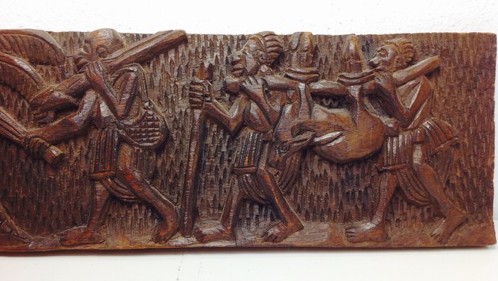 Woodcarving panel - African hunting scene