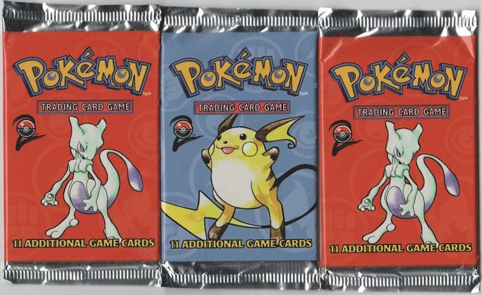 Pokemon - 3 Factory Sealed Unopened Booster Packs ( Base2 ) 2x Mewtwo and Raichu!