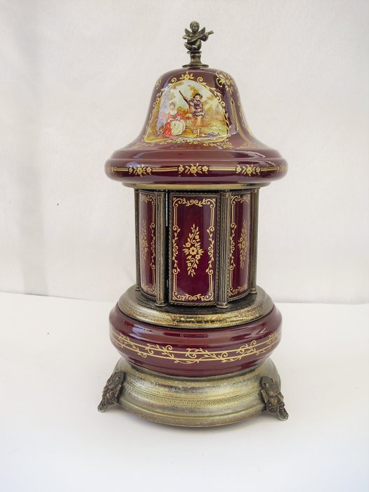  Reuge porcelain gilded hand painted music box / cigarette holder/cigar carousel
