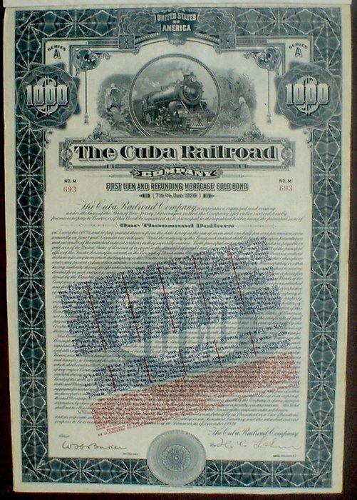 Colección de bonos y acciones - 1x Cuba Railroad Company 1000$, 5% Gold Bond 1921 + 5 more