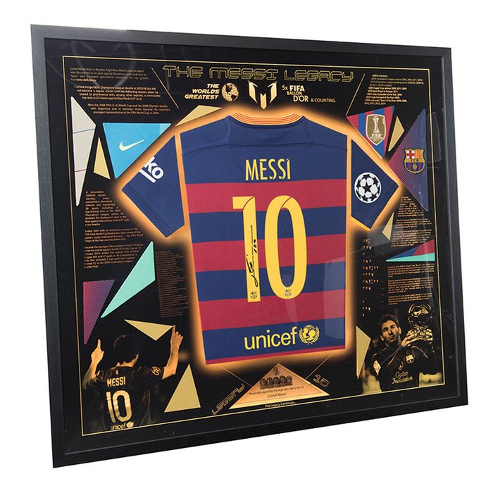 Montaje de camiseta firmada Lionel Messi - Enmarcado exclusivo LED Barcelona Legacy

