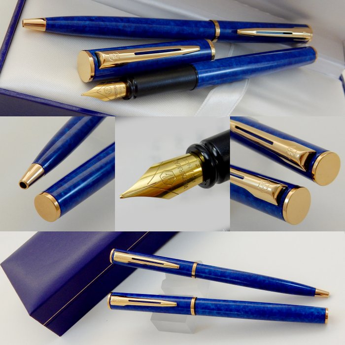 Waterman Apostrophe Ballpoint & Fountain Pen | Marble Blue Lacquer GT | New Old Stock - Mint Condition