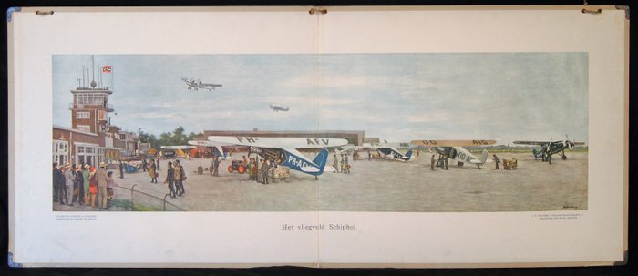 Schoolplaat : Het vliegveld Schiphol. Openslaande plaat van het vooroorlogse Schiphol. Uitgegeven in 1931 door J.B. Wolters in de serie Nederland in woord en beeld van R. P. Bos, B.A. Kwast en P. Pelder