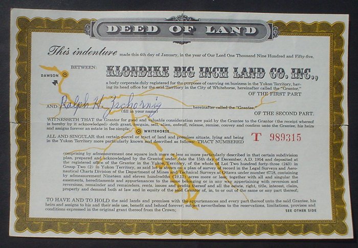 Original Deed of Land Inc Klondike Big Inch Land Co 