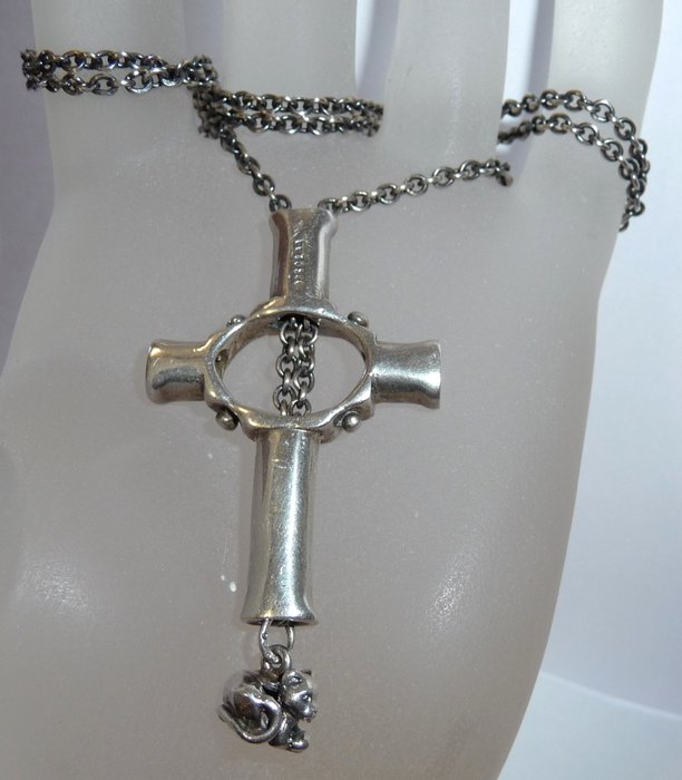Original Trollbeads SLAA: Necklace with cross and troll bead as a pendant, a cat troll in 925 silver