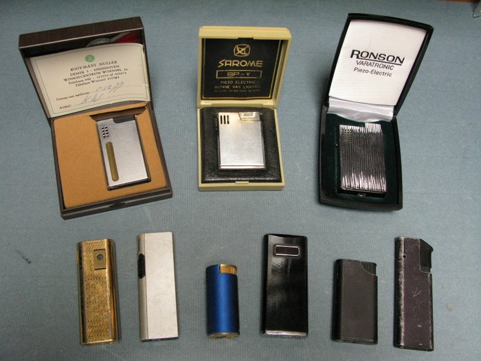 Lot of 9 Vintage electronic gas lighters; Ronson, Tanita, Kawee, Sarome, Noble

