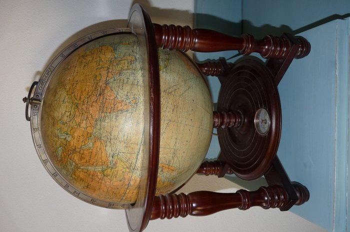 Large Antique Globe In Wooden Stand, Large Antique Wooden Globe