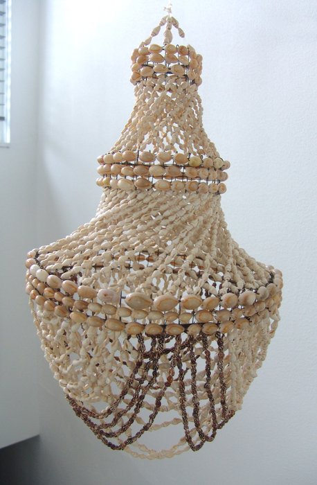 Large vintage 1950s shell chandelier shade with tiered ropes of Cowry shells