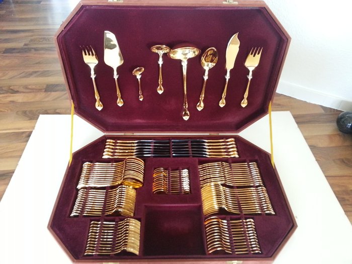 Solingen 104 part PLANETA - Gold cutlery "Barock" 23/24 carat gold-plated in original box