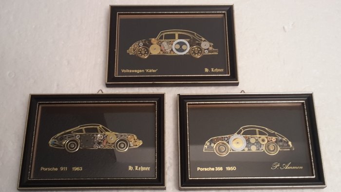 3 x watch picture / P.Ammon / H. Lehner - 3 Pictures of Porsche / Beetle - 17 x 12 cm