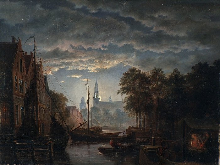 Petrus van Schendel (1806 - 1870) attributed to - Amsterdam by night