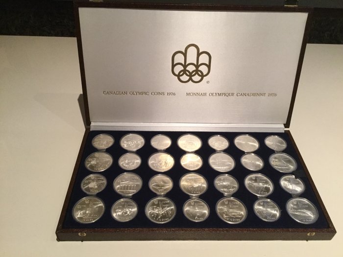 Kanada – 5- und 10-Dollarmünzen von 1973 bis 1976 – "Olympische Spiele in Montreal" – 28 Münzen – Silber – in einem Koffer