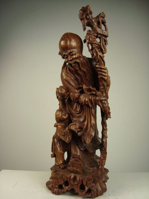Wooden Shou Lao sculpture with child - China - around 1960