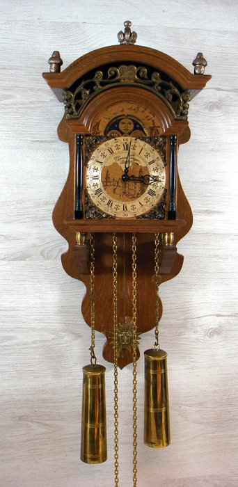  Salland beechwood wall clock 'Thomas Tompion London' - richly decorated with moonphases - second half 20th century.