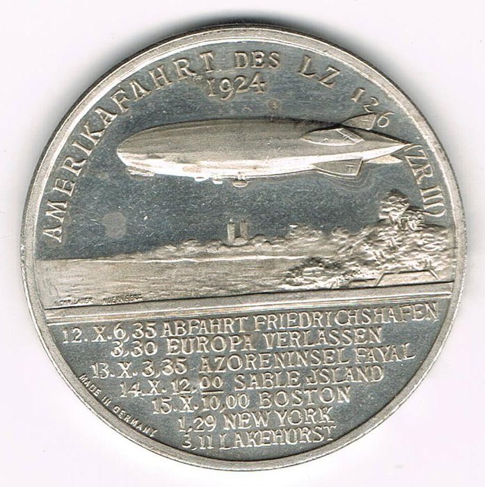 Weimar Republic - Silver Medal 1924 by L. Chr. Lauer, Nuremberg commemorating to the American Flight of the airship "LZ 126" Dr. Hugo Eckener