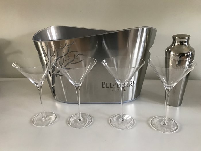  Set of Belvedere Vodka accessories - large cooler, cocktail shaker and 4 cocktail glasses