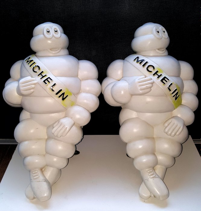 2x Michelin Bibendum Figure - 1966 - 48 cm - Michelin-man - France - with complete support