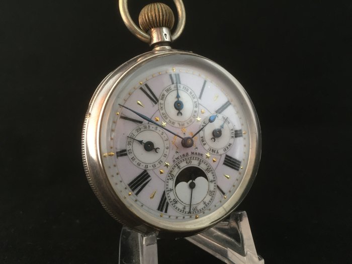 Swiss calendar pocket watch with moon phase, around 1900