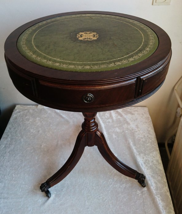 A Mahogany Regency Style Drum Table, Leather Top Drum Table