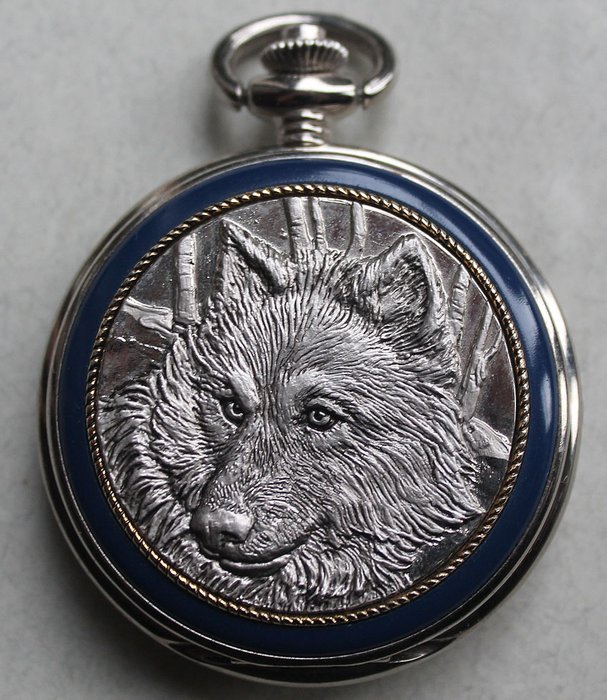 Franklin Mint - relógio de bolso - "Howling Wolves" com corrente e estojo - aço inoxidável
