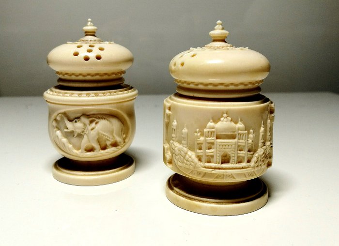 Antique ivory salt and pepper shakers – India – early 20th century