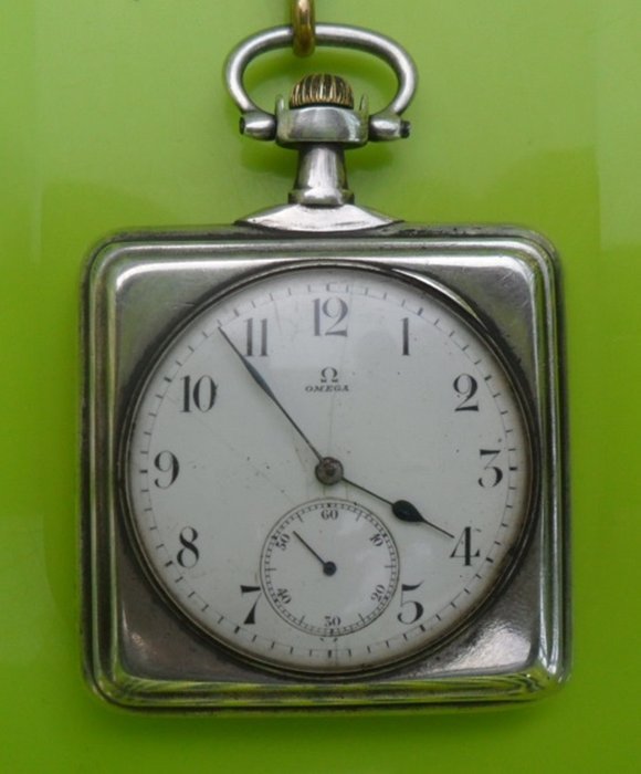 Omega Solid Silver Open Face Square Pocket Watch Chain Thula / Horse 1912.