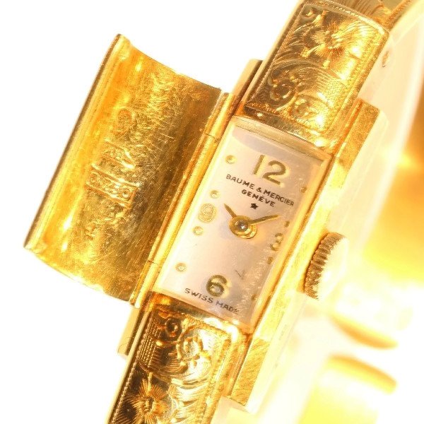 Original 'Baume et Mercier Marquise' covered jewelry-watch gold bangle bracelet - 1950