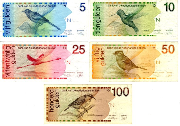 Netherlands Antilles - bird series - 5, 10, 25, 50, 100 guilders 1986-1990 (5 pieces)
