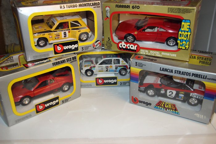 Bburago - Scale 1/24 - Lot with 5 Met Cars: Ferrari 512 BB, Peugeot 205 Turbo GR. B, Lancia Stratos-Pirelli, R5 Turbo Montecarlo & Ferrari GTO