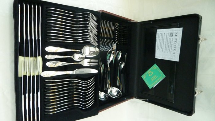 72 piece cutlery set in suitcase, Maier & Schulze Solingen, 18/10 stainless steel, with gilded pattern