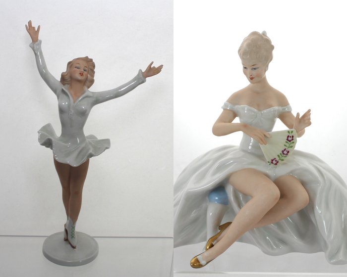 Schaubach Kunst Wallendorf - Two Vintage Porcelain Figurines - Figure Skater & Dancer with Fan
