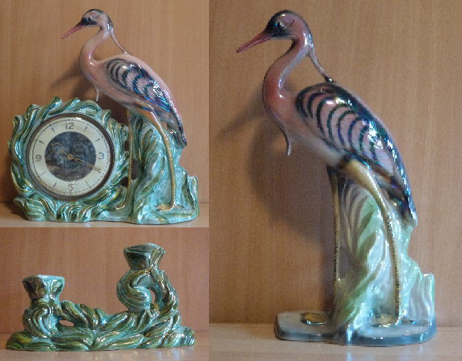 Unique statue of a heron and a heron/clock with 2 candlesticks made by HUBERT BEQUET - Quaregnon Belgium