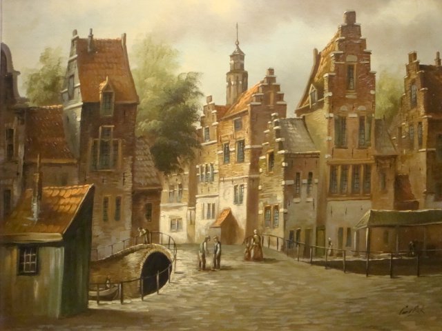 Cor van Eijk (20th century) - Hollands stadsgezicht met personen