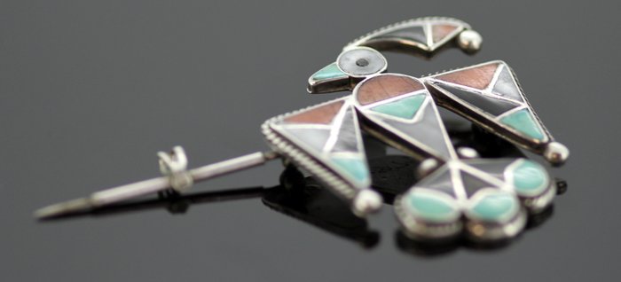 Vintage Sterling Silver Brooch With Mother of Pearl and Enamel, Circa