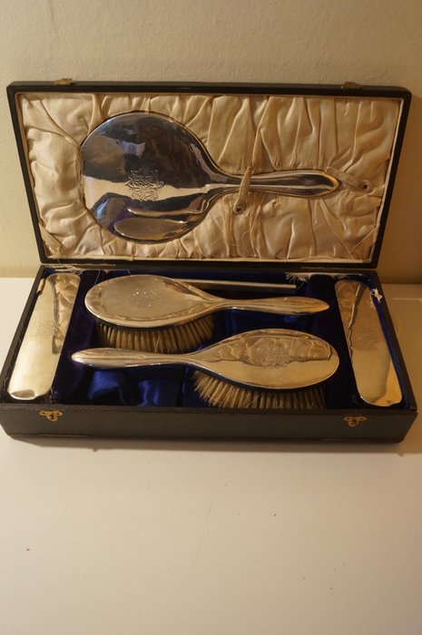 Silver Vanity Set In Original Case, Vanity Mirror Comb And Brush Set