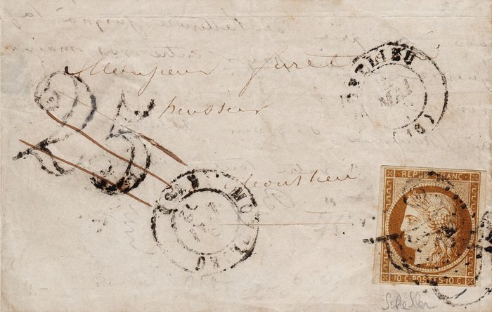 France 1850 - 10 centimes bistre oblitéré taxe 25 au tampon sur lettre - Yvert et Tellier n°1