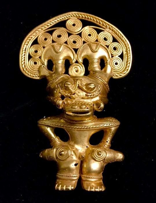 A South American Tumbaga Gold, Colombia,  Tairona figure  109 x 70 x 30 mm, 75,31 grams. A figure of Grand Shaman Jaguar Man