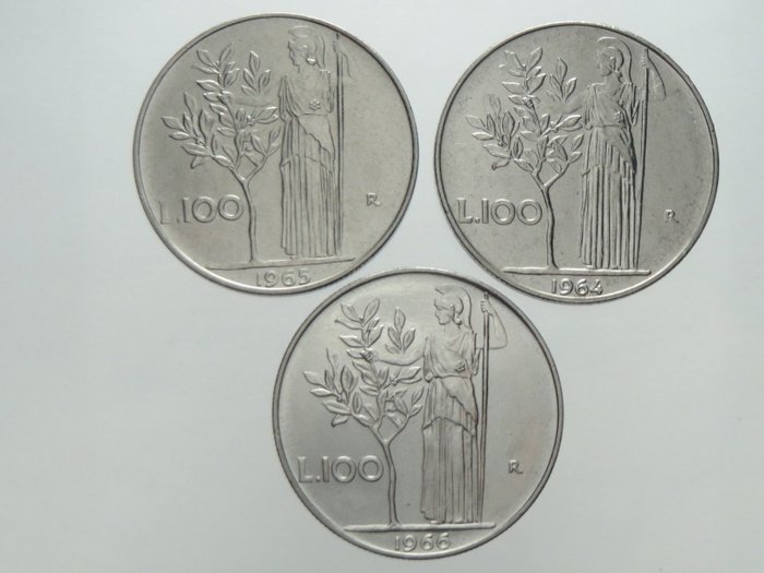 Republic of Italy - 100 Lira coins from 1964, 1965 and 1966 "Minerva", (3 coins)