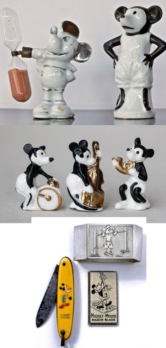 Mickey Mouse - 5 vintage porcelain figurines + razor-blade + Silver-plated napkin-holder + boys-pocketknife (1930's/1960's)