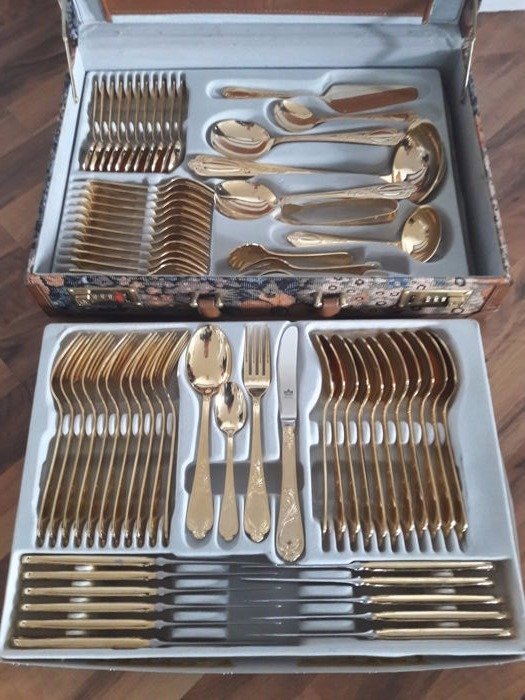 23/24 carat goldplated - unused SBS Solingen luxury cutlery for 12 people - Stainless steel gilt-marked-with certificate