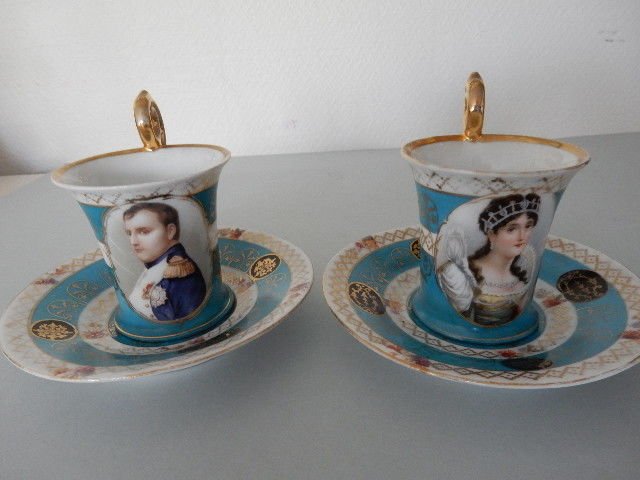 Two very pretty old cups with saucers of "Napoléon Bonaparte" and "Joséphine de Beauharnais" in fine porcelain with Crown and "N" below - early twentieth century - France