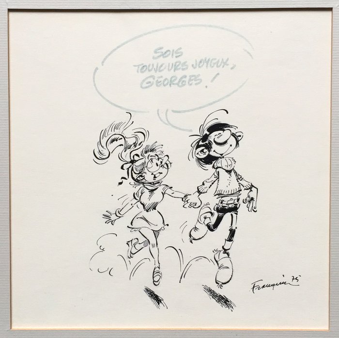 Franquin, André - Dessin original signé - Gaston Lagaffe & mademoiselle Jeanne - (1975)